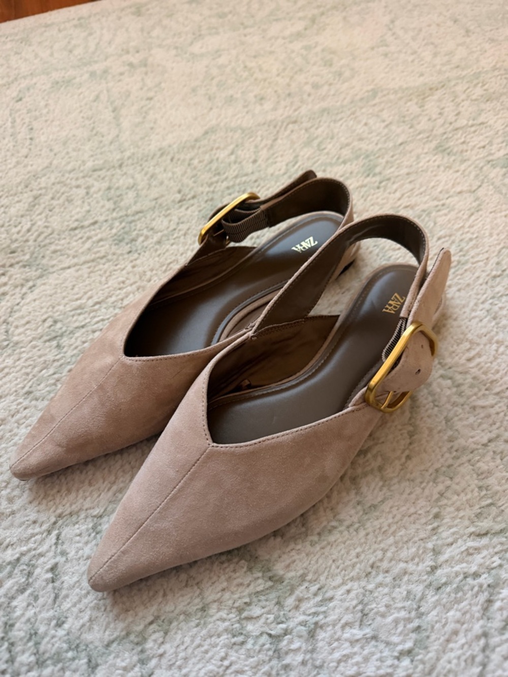 Zara Taupe Suede Pointed Slingback Mules with Gold Buckle